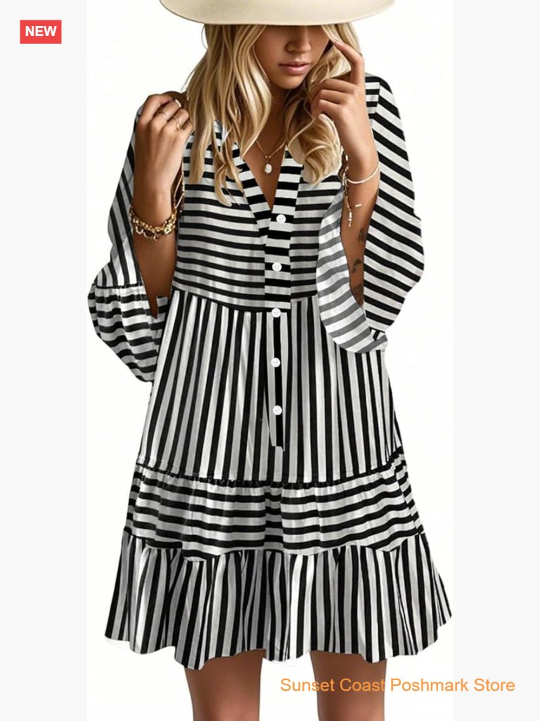 Flowy Ruffle 3/4 Sleeve V Neck Tiered Casual Babydoll Boho Beach Mini Dress